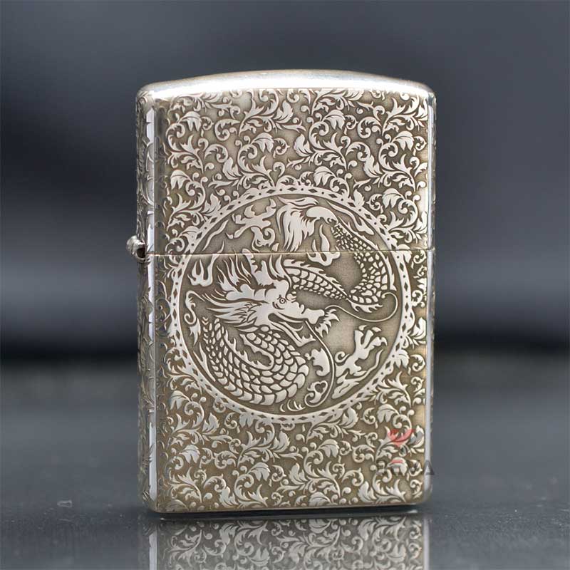 Bật Lửa Zippo Bạc Khối cổ Khắc Hoa Văn Rồng Phượng BK47