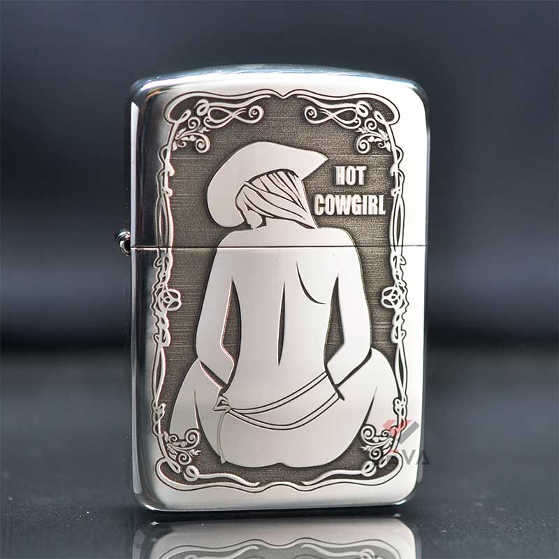 Zippo Bạc Khối Tái Bản 1941 Khắc Cô Gái Cao Bồi Quyến Rũ BK73