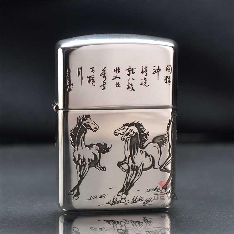 Zippo Bạc khối Amor Khắc Đàn Ngựa Mã Đáo Thành Công BK79
